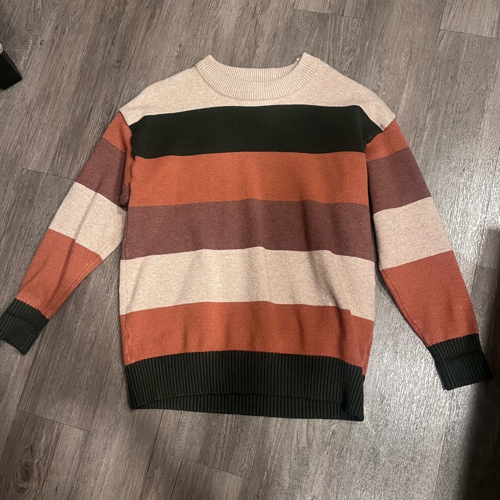 Men's Striped Crewneck Sweater in Rust, Beige & Black